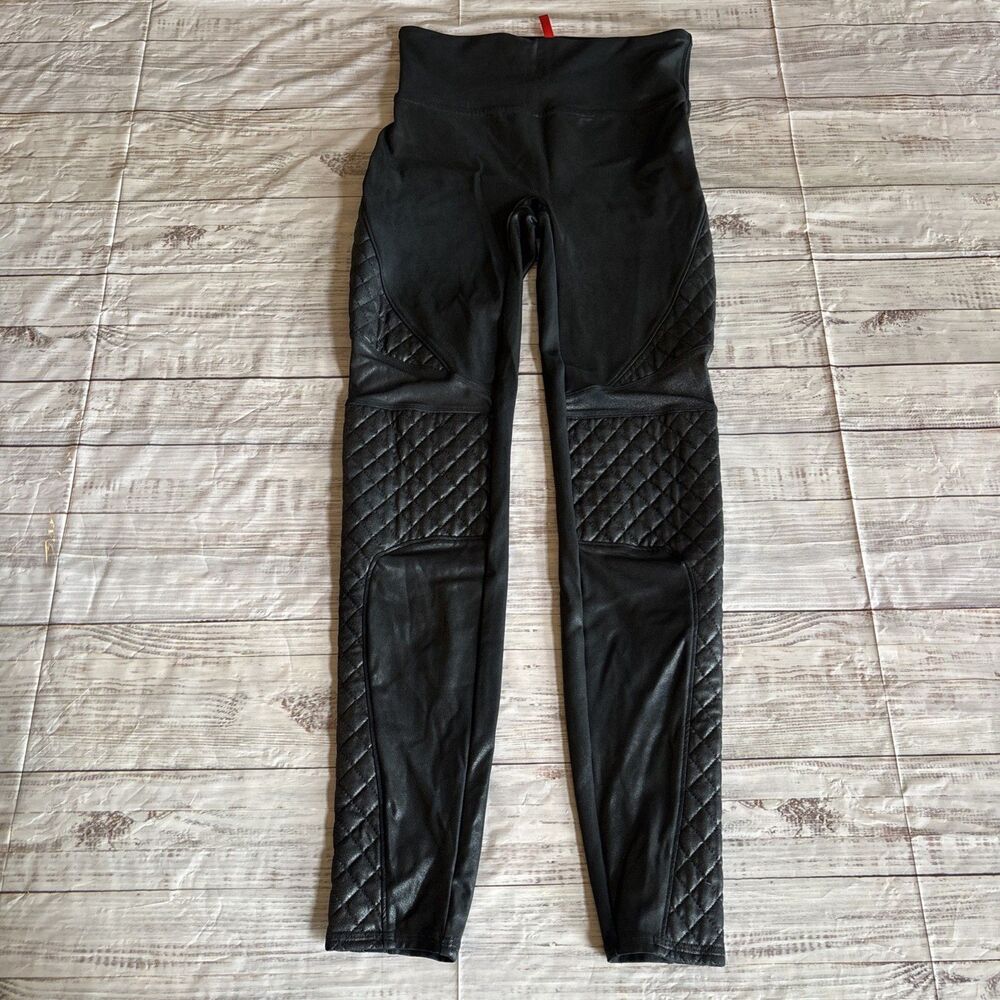 Spanx Black Vegan Faux Leather Moto Biker  Leggings Quilted Panels Small ($110)